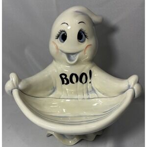 👻Vintage Halloween Ceramic Ghost Candy Bowl Display Spooky Happy Ghost